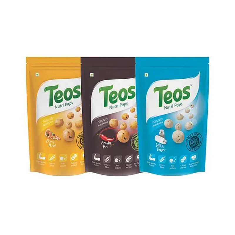 Teos Nutri Pops Roasted Makhana Cheesy Pizza Piri Piri & Salt & Pepper Pack of 3 – 195 g