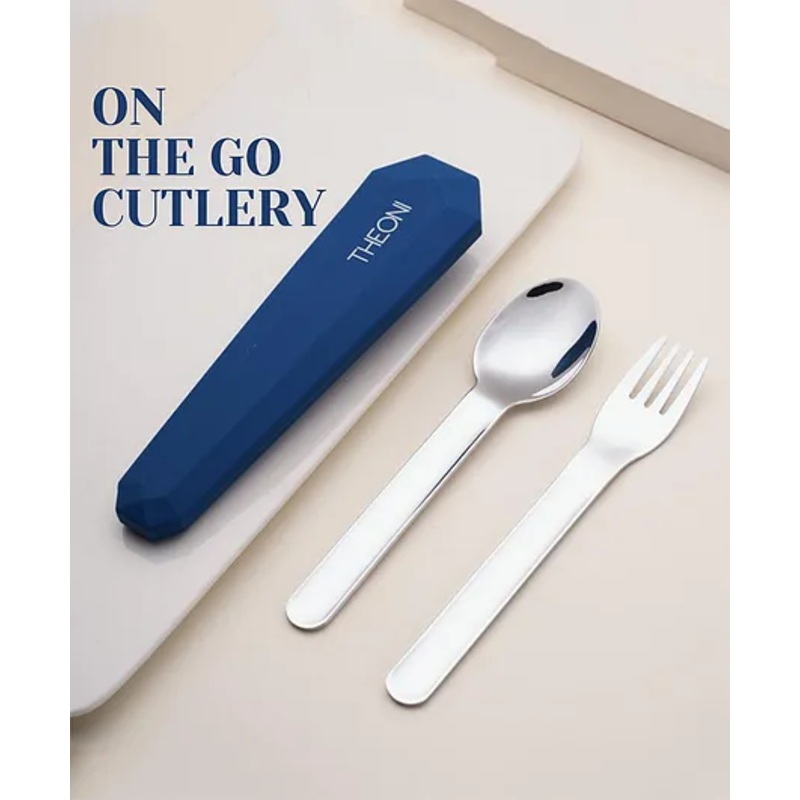 Theoni On-the-Go Stainless Steel Cutlery Set for Kids BPA Free, Dishwasher Safe Travel Spoon & Fork with Silicone Case Navy Blue
