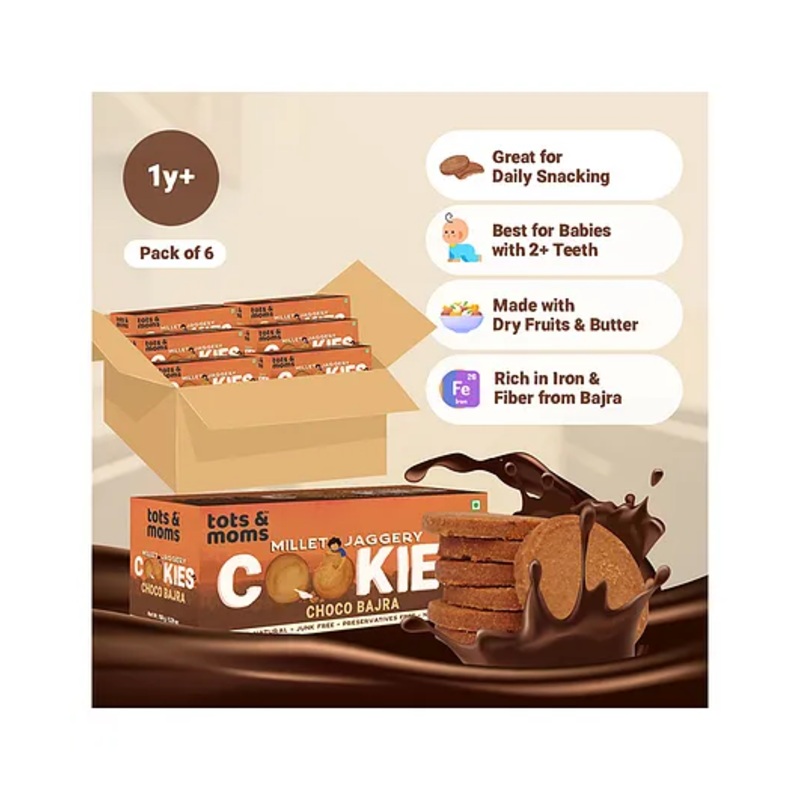 Tots & Moms NO Maida NO Sugar – Choco Bajra Cookies | Millet & Jaggery Biscuits for Little Ones | Made with Multi Millets, Nuts, Seeds, Butter & Jaggery | No Raising Agents, No preservatives | Pack of 6 – 150g each