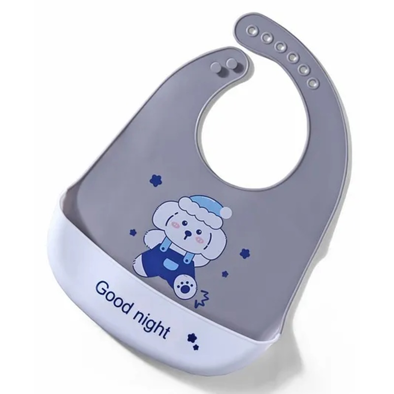 Water-Resistant Baby Silicone Bib, Dog Print Grey | Food-Grade Silicone | BPA-Free| Crumb Catcher | Adjustable Fit | Travel-Friendly | Reusable Bib|