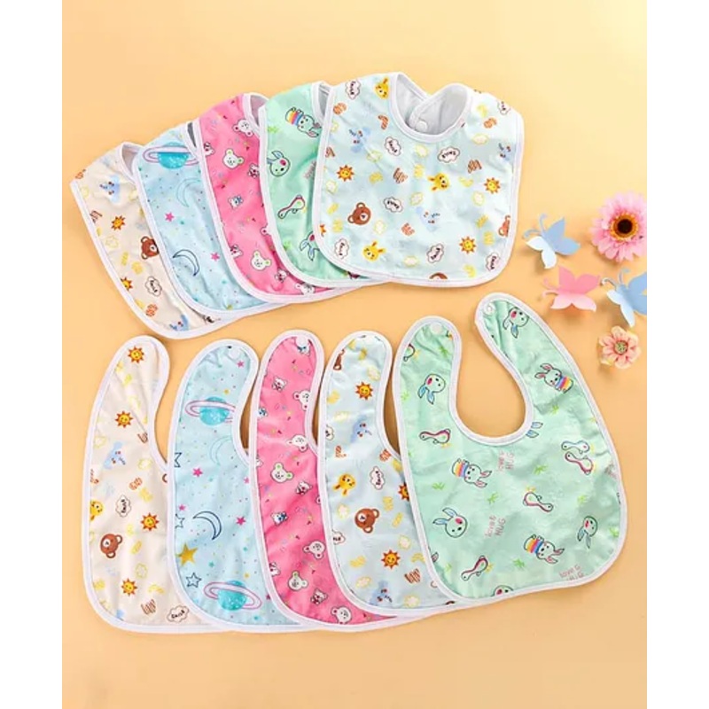 ZOE Waterproof Feeding Bibs for Babies with Snap Button Closure | Pack of 10 | Soft, Breathable & Machine Washable | Animal Print  Multicolour