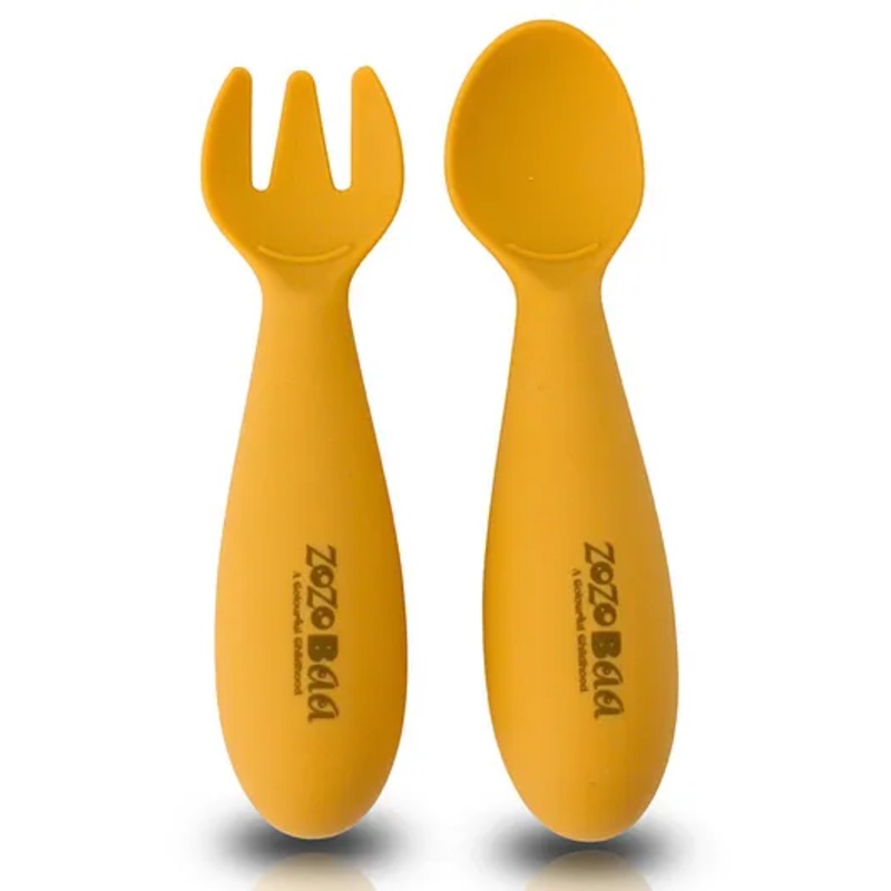 ZoZoBaa Baby Weaning Spoon & Fork Set, Chewable Silicone Utensils for Training Infants, Baby Led Self Feeding, 6 M+| Gum Friendly, BPA Free, Dishwasher Safe, Unbreakable, 1 Pair, Mango Yellow