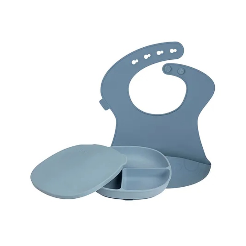 b.box Baby Mealtime Set – Silicone Bib + Suction Plate with Lid | Leak-Proof, Easy to Clean & Store | Blue | BPA-Free Silicone