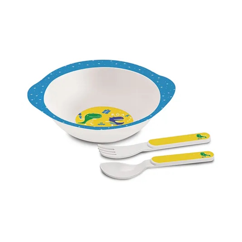 Cello Kidzbee Cereal Bowl with Spoon and Fork Dino Print – Yellow