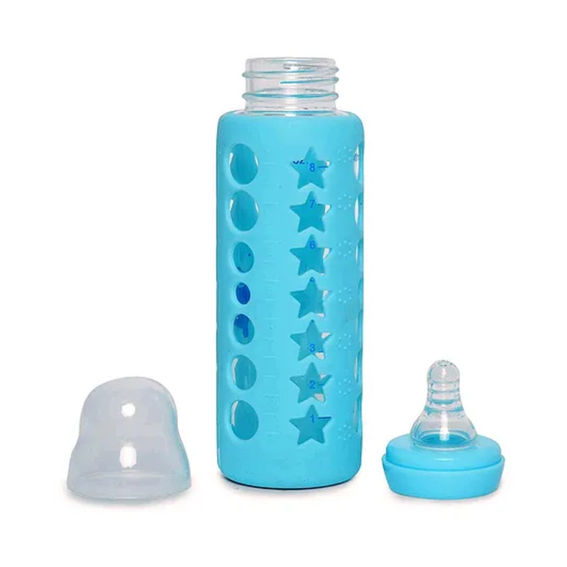 Fantasy India Premium Glass Baby Feeding Bottle Ultrasoft Nipple Blue – 240 ml