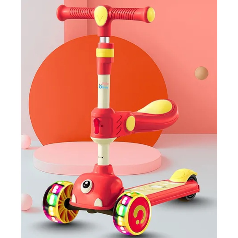 Little Olive Double Deck Scooter with LED Lights Adjustable Handlebar & Lean-to-Steer Technology – Red