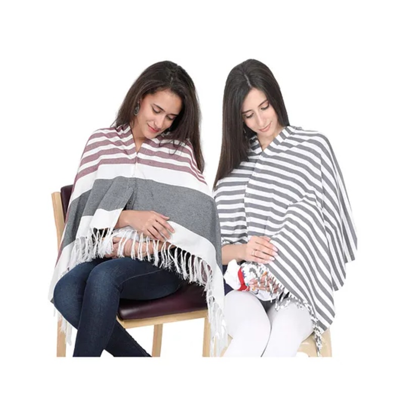 Lulamom Multi-Purpose Breast Feeding Nursing Striped Shawl – Pack of 2 (Maroon & Grey melange)