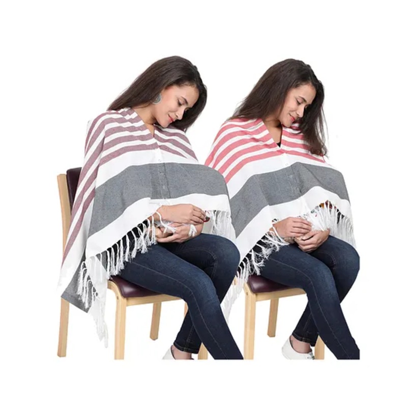 Lulamom Multi-Purpose Breast Feeding Nursing Striped Shawl – Pack of 2 (Maroon & Red)