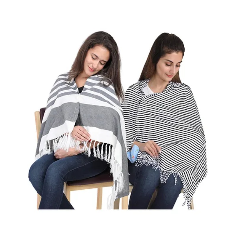 Lulamom Multi-Purpose Breast Feeding Nursing Striped Shawl – Pack of 2 (Navy & Black )