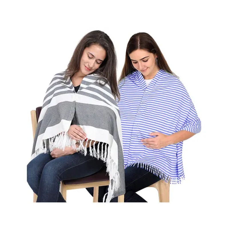 Lulamom Multi-Purpose Breast Feeding Nursing Striped Shawl – Pack of 2 (Navy & Sky blue )