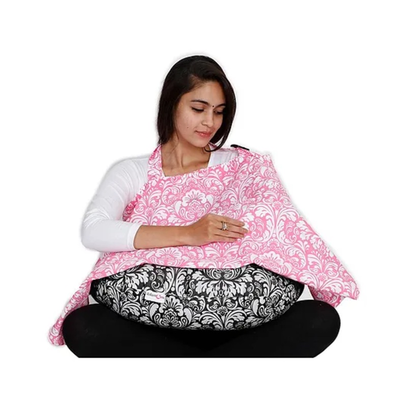 Lulamom Printed Cotton Nursing Cover & Feeding Pillow Combo – Pink Black