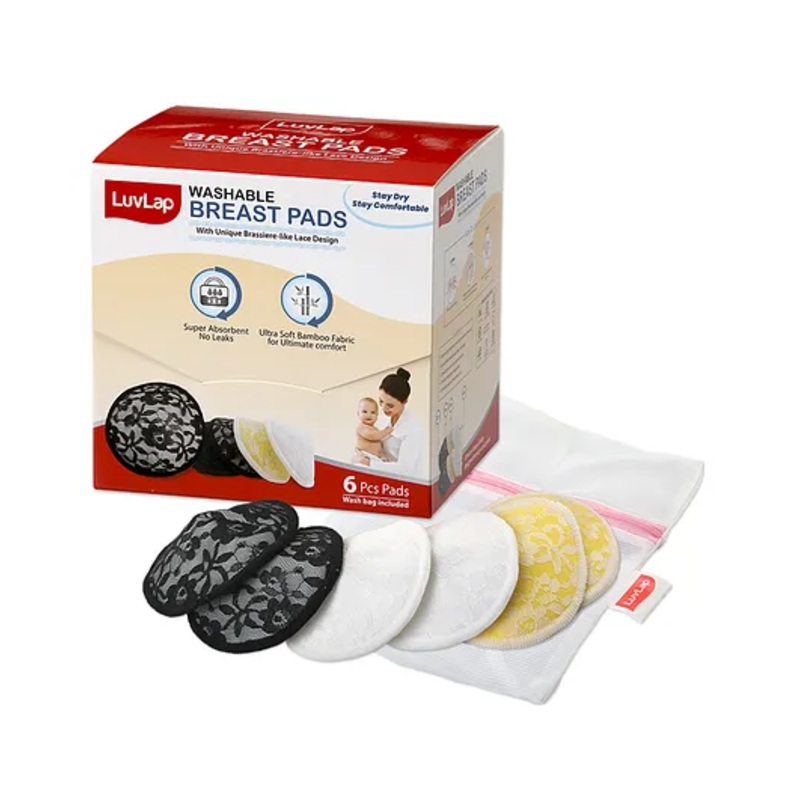 LuvLap Natural Bamboo Washable Nursing Breast Pads, Lace Style, 6pcs, Multicolour, Includes Laundry Bag