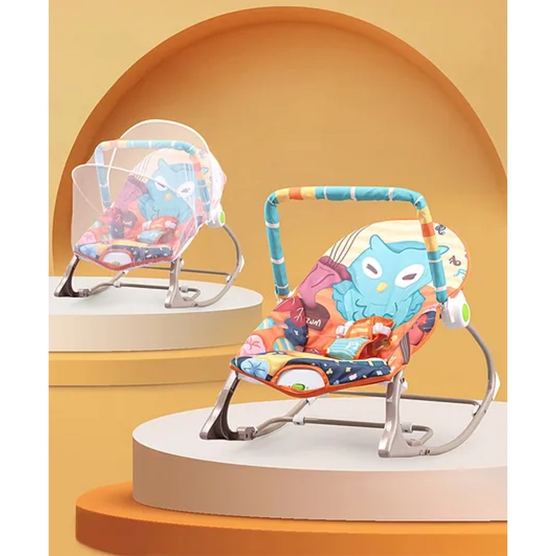 Play Nation Baby Rocker With Electric Vibrating Music- Orange| Mosquito Net| Safety Harness| Foldout Stand