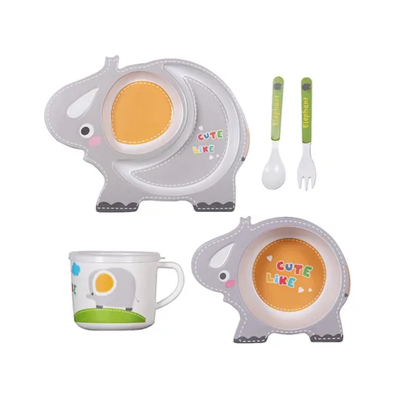 Polka Tots Eco-Friendly 5-Piece Bamboo Fiber Feeding Set For Babies, Toddlers, & Kids Includes Shaped Plate, Bowl, Cup, Spoon, Fork  Elephant Design | Kids Tableware & Crockery Set