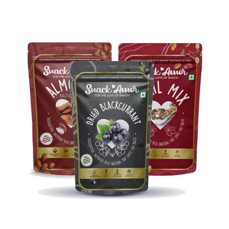 SnackAmor Premium Combo pack of Roasted Salted Almond (170g), Dried Blackcurrant (150g) and Trial Mix (175g)