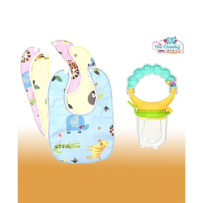 The Cheeky Kidzz Baby Food Feeder Silcone Fruit Vegetable Nibbler Rattle Soother Teether With 3 Cotton Feeding Bibs(MULTI-COLOR)