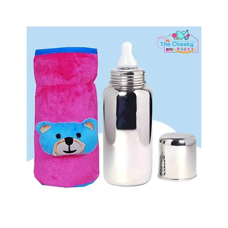The Cheeky Kidzz Baby Stainless Steel Feeding 240ml Bottle Water Milk Juices Anti-Slip Feeder With Cute Double Color Bottle Cover (PINK)