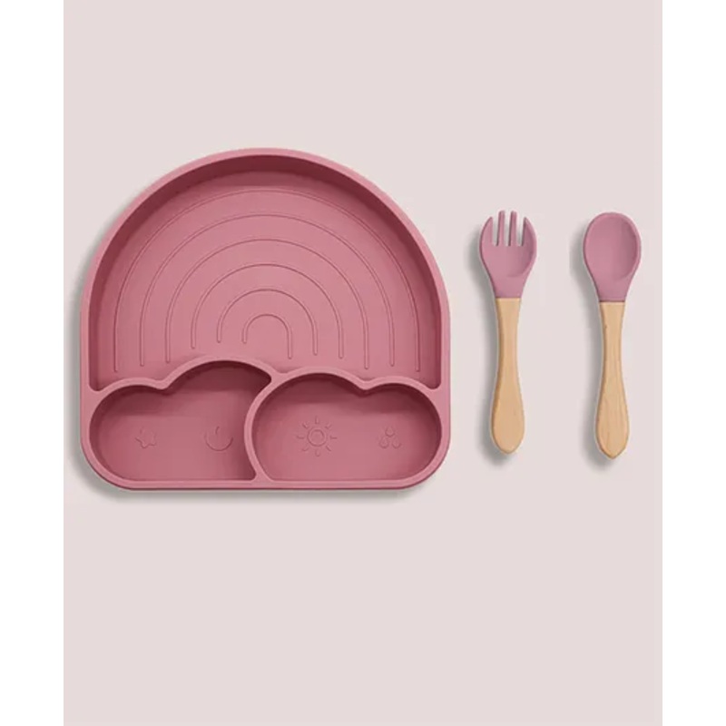 Theoni Silicone Suction Baby Feeding Set with Plate, Lid, Spoon & Fork Mess Free Toddler Mealtime Essential  Dark Pink