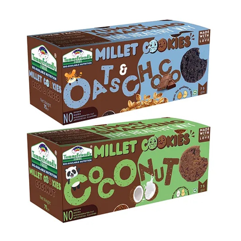 Tummy Friendly Foods Millet Cookies – Coconut , OatsChoco  – Pack of 2 – 75g each. Healthy Ragi Biscuits, snacks for Baby, Kids & Adults