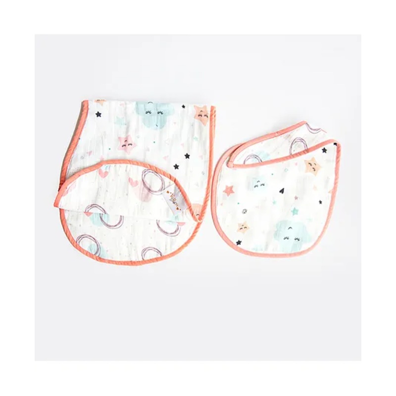 Yellow Doodle In The Sky Printed Reversible Organic Cotton Muslin Bib & Burp Cloth Set – Peach