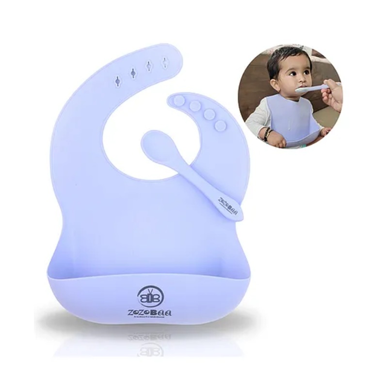 ZoZoBaa Silicone Baby Bib with Easy Grip Spoon For Feeding Toddlers|Waterproof & Reusable Bib with button for Infants |Soft, Light Weight, BPA Free, 1 Set, Purple