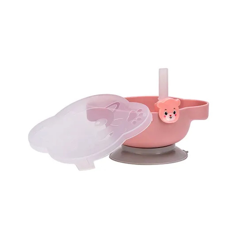 Adore Akita! Baby Feeding Bowl With Suction Base and Bendable Cutlery with Straw – Pink