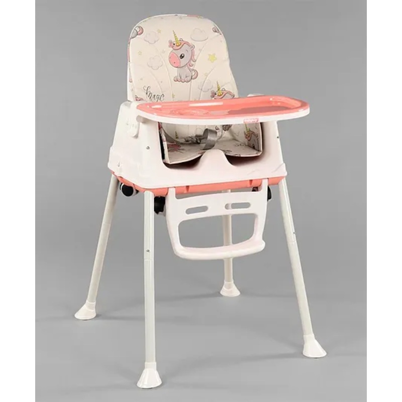 Babyhug 3 in 1 Comfy High Chair Unicorn Printed Cushion – Pink| High Chair, Feeding Chair & Booster Chair| Adjustable Double Food Tray| Removable PU Leather Seat| Safety Harness| Removable Footrest