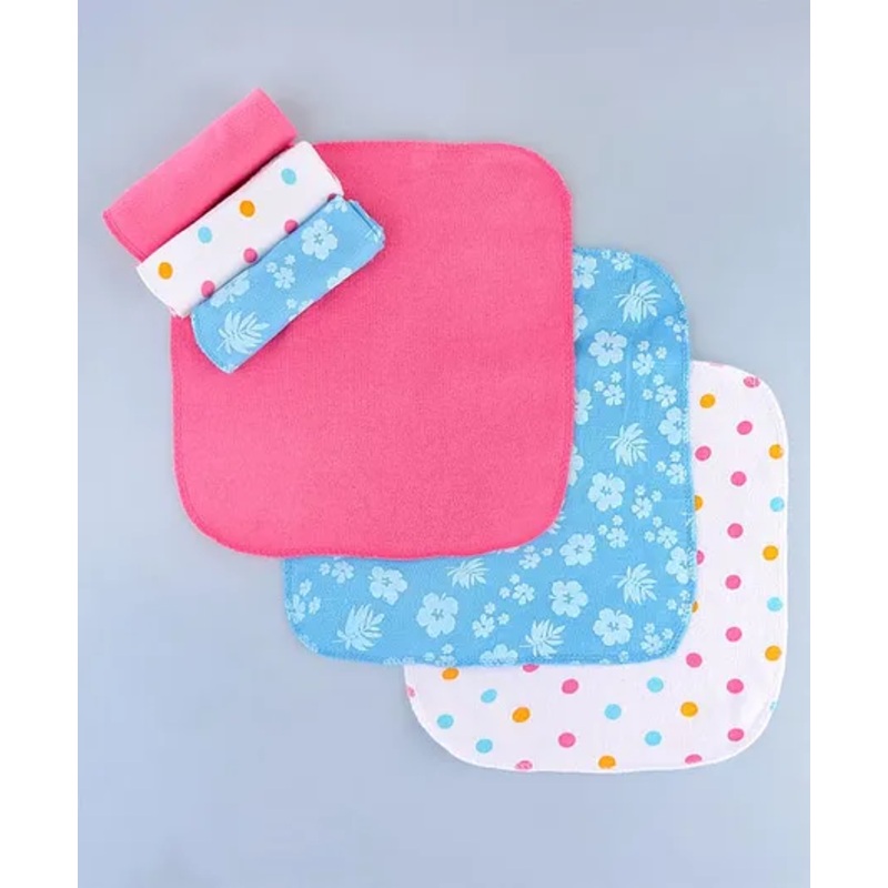 Babyhug Cotton Knit Wash Cloth with Polka Dots & Floral Print Pack of 6 – Pink White & Light Blue