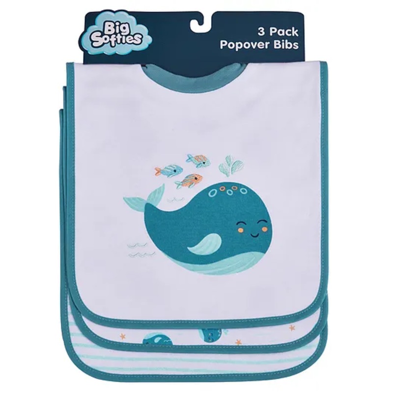 Big Softies Popover Bibs Printed & Applique Embroidery Soft Stretchable Rib Neck Blended Cotton Ultra Soft & Super Absorbent For Drooling, Teething & Feeding For Boys 6-36 Months Pack of 3-Whale