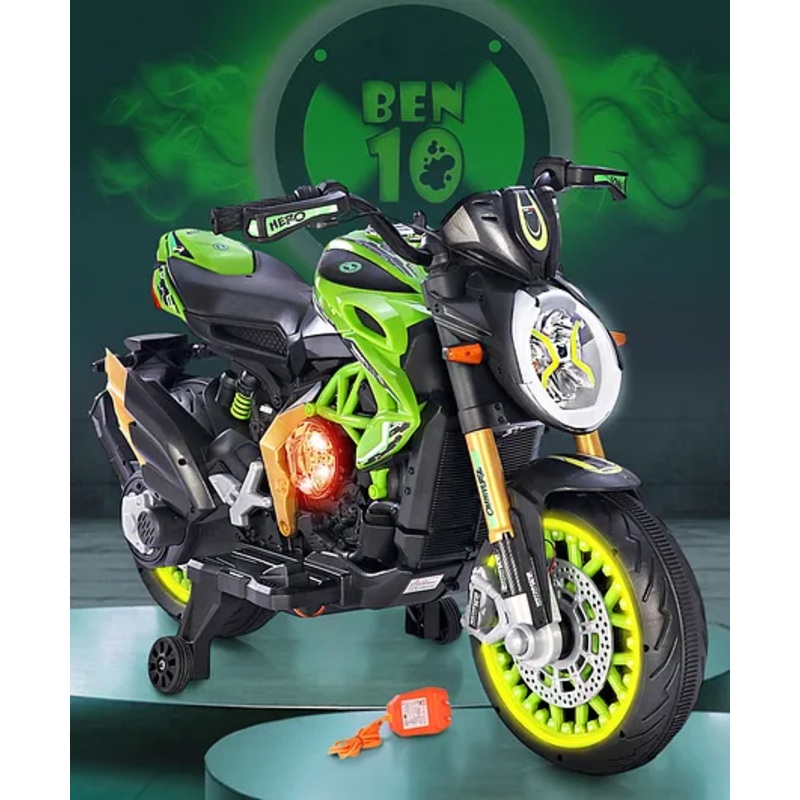 Fab N Funky BEN-10 Kids 800CC Battery Operated Ride On Bike with Hand Acclerator Music & Lights -Green