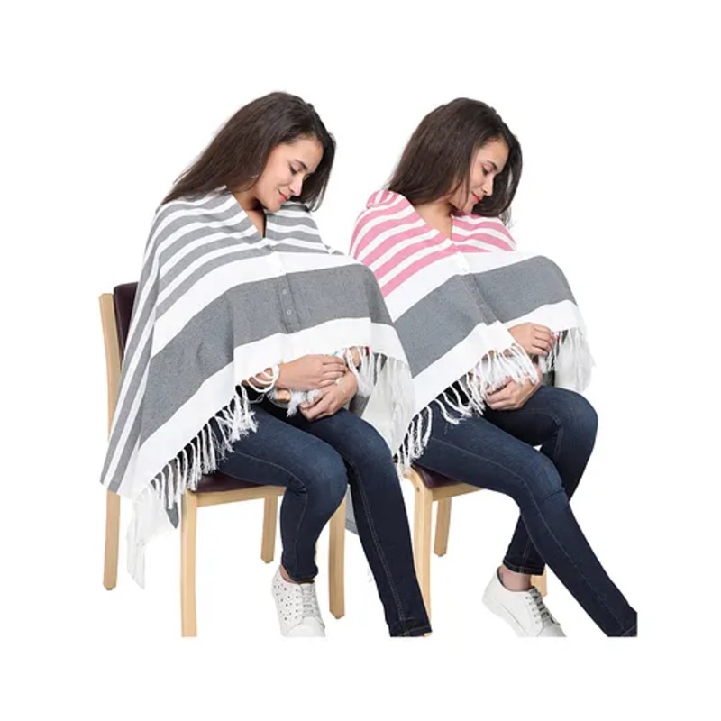 Lulamom Multi-Purpose Breast Feeding Nursing Striped Shawl – Pack of 2 (Grey & Pink)