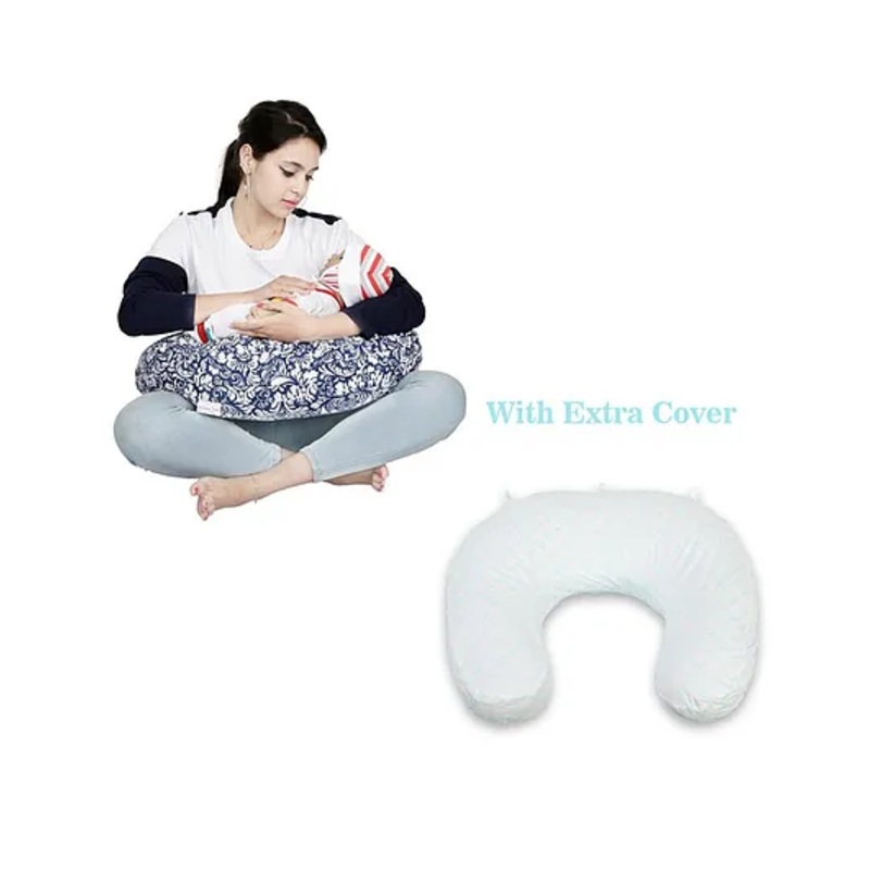 Lulamom Nursing Pillow with Cotton Cover Rose Print – Navy Blue