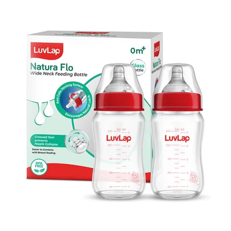 LuvLap Natura Flo Glass Feeding Bottle, 150ml, BPA Free, Anti-Colic Nipple, Pack of 2 Transparent