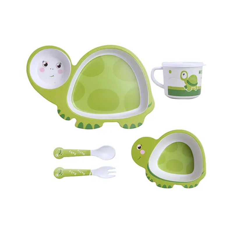 Polka Tots Eco-Friendly 5-Piece Bamboo Fiber Feeding Set For Babies, Toddlers, & Kids Includes Shaped Plate, Bowl, Cup, Spoon, Fork  Green Turtle Design | Kids Tableware & Crockery Set