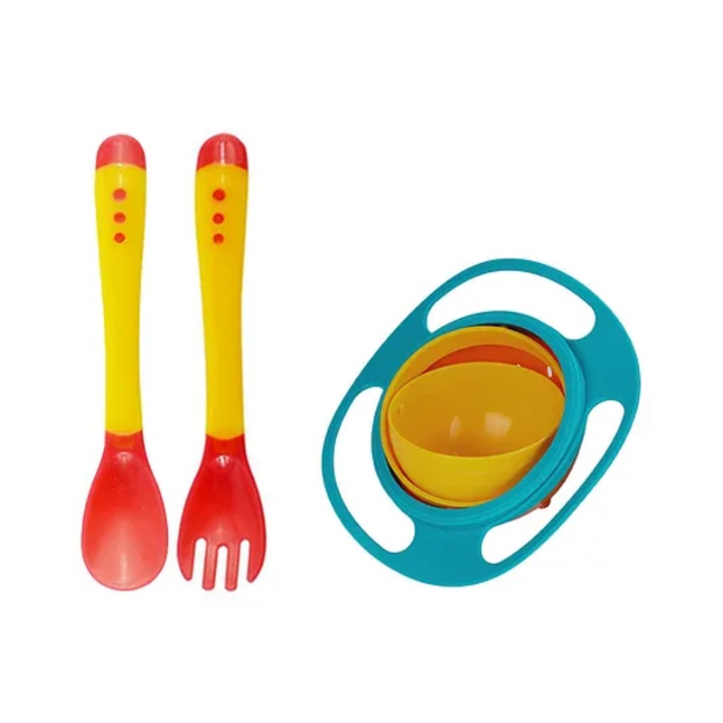 Safe-O-Kid Feeding 360 Degree Rotation Gyro Bowl With Heat Sensitive Spoon Fork Set – Yellow
