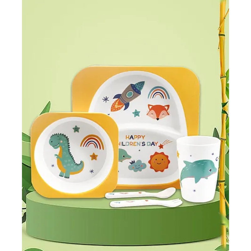 Tony Stark Bamboo Baby Feeding Set – 5-Piece Tableware for Toddlers, Kids & Babies Includes Plate, Bowl, Cup, Spoon, Fork – BPA-Free, Eco-Friendly |Organic & Natural (Dinosaur)