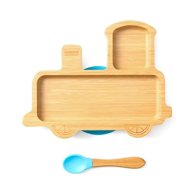 Train Shaped Bamboo Wooden 3 Compartment Section Plate with Spoon Suction Base – Beige & Blue