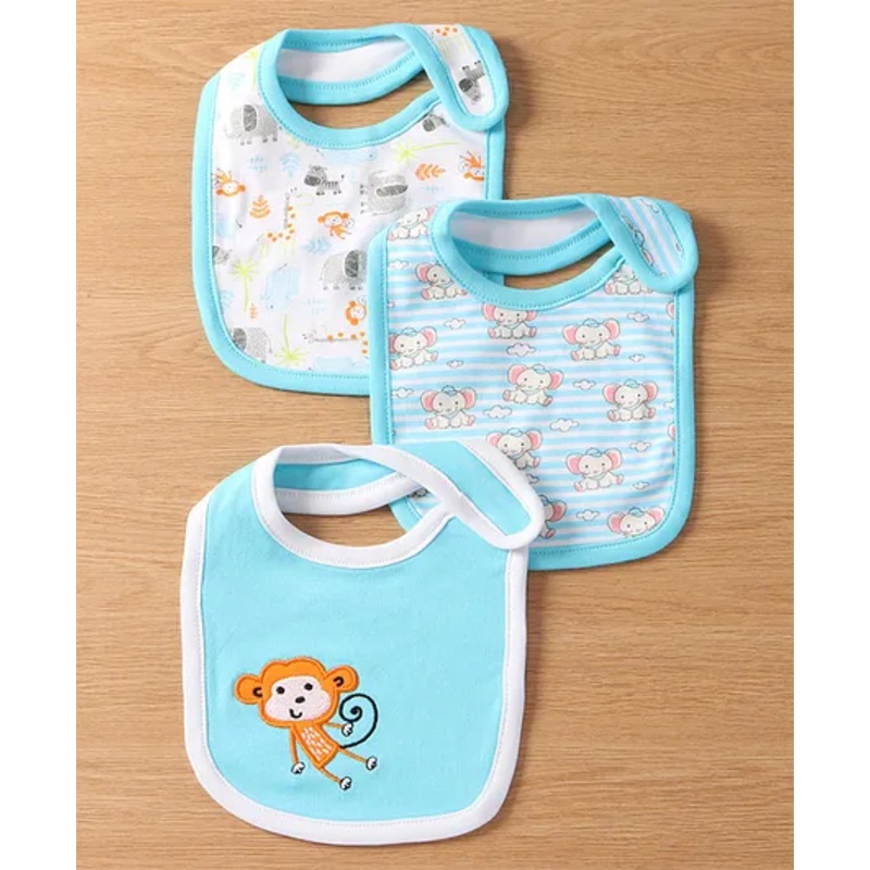 Babyhug Interlock Cotton Bibs Monkey Print Pack of 3 – Blue