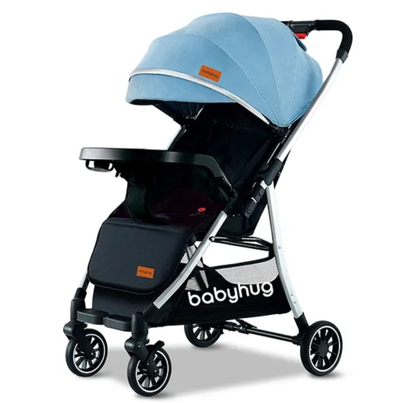 Babyhug Stroller with Reversible Handle Adjustable Backrest & Canopy – Blue| Concealed Link Brake| Suspension Wheels| Removable Food Tray