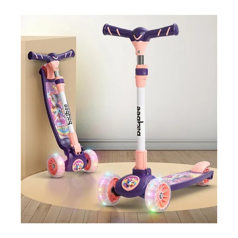 BAYBEE Kitty Kick Scooter for Kids, Foldable Kids Scooter with 3 Height Adjustable Handle, Skate Scooter with LED PU Wheels & Brake (Purple)