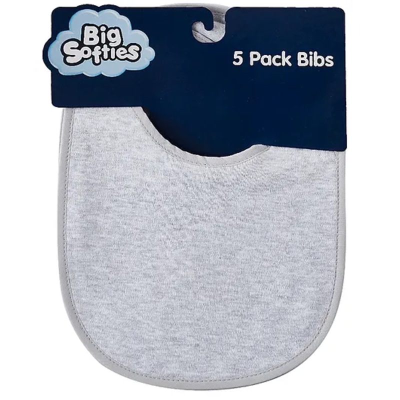 Big Softies Newborn Baby Bibs with Soft Velcro Fastener Cotton Ultra Soft & Super Absorbent Lightweight & Comfortable For Drooling, Teething & Feeding Unisex 0-18 months Pack of 5-Grey