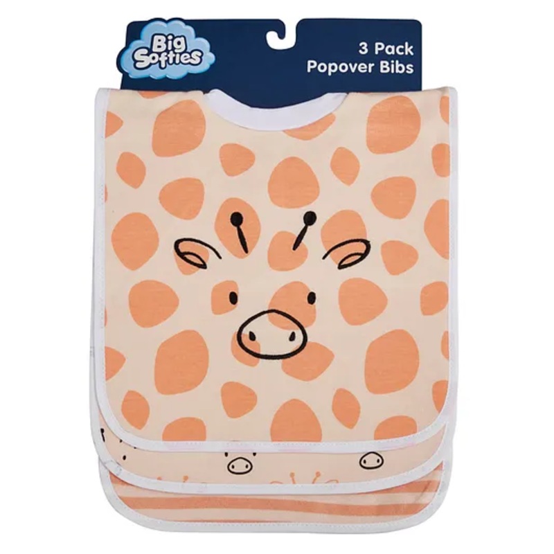 Big Softies Popover Bibs Printed & Applique Embroidery Soft Stretchable Rib Neck Blended Cotton Ultra Soft & Super Absorbent For Drooling, Teething & Feeding For Unisex 6-36 Months Pack of 3-Giraffe