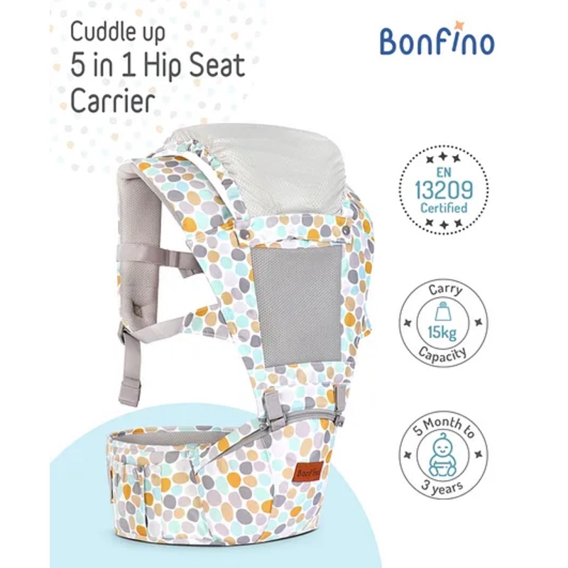 Bonfino Cuddle 5-in-1 Baby Carrier with Hip Seat: Ergonomic design, 5 Carry positions, Breathable mesh, Padded straps, Storage pockets, Adjustable hood, Durable buckles, Supports up to 15 kg- Grey