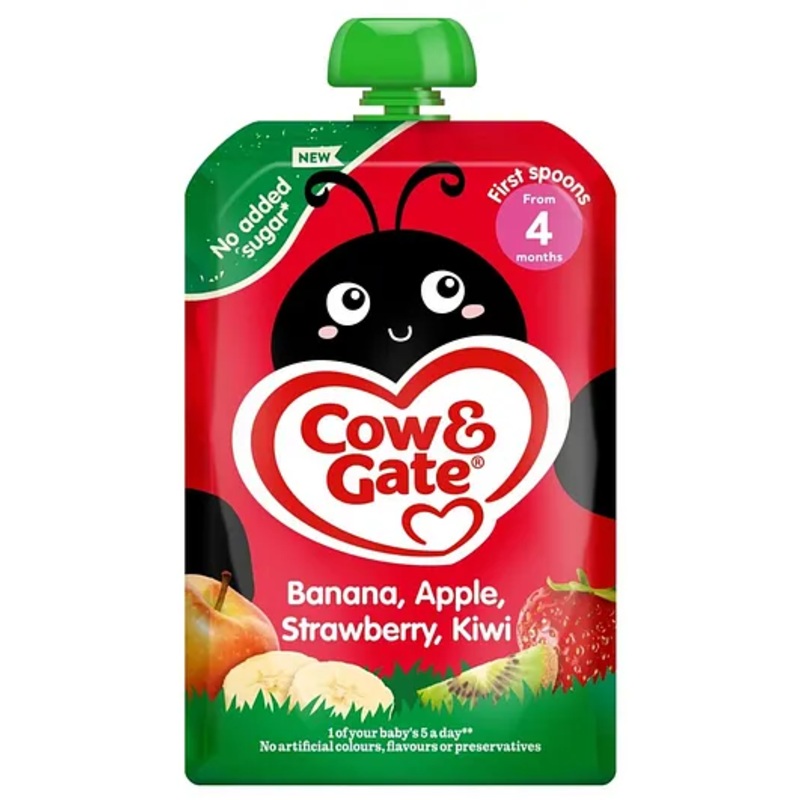 Cow & Gate Baby Food Pouch, Banana, Apple, Strawberry, Kiwi (4m+) – 100g