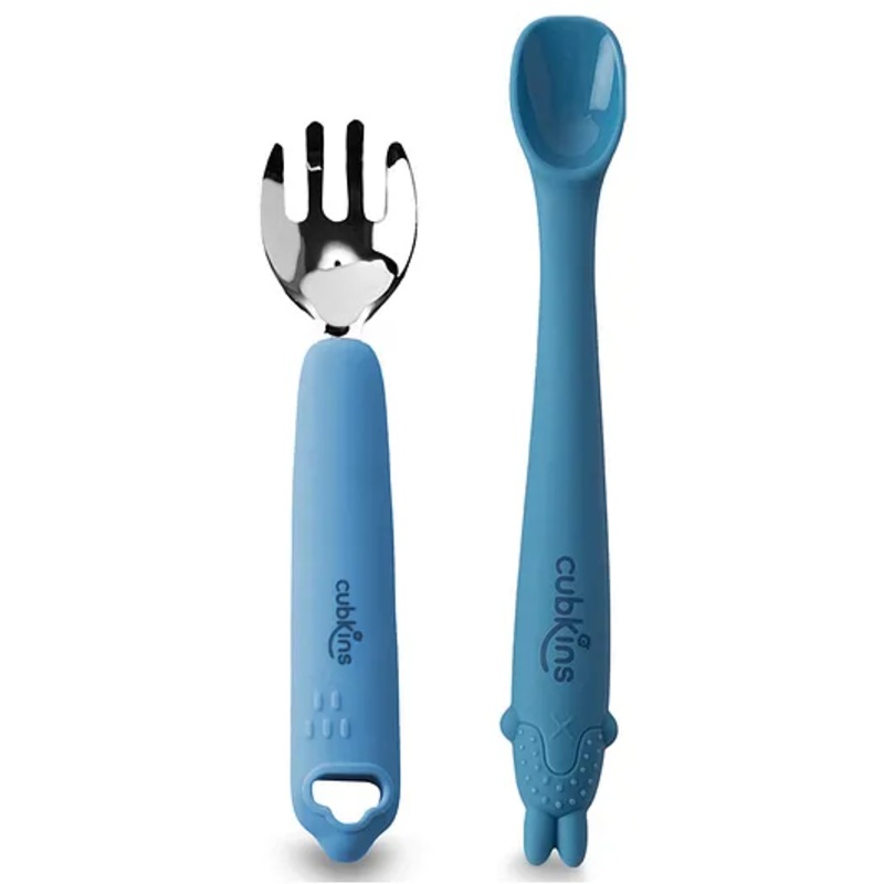 CUBKINS Set of Fork with Stainless Steel Head and Early Feeding Bendable Silicone Spoon for Children | No Sharp Edges | BPA Free, Food Grade, FDA Approved | Washable & Reusable (Blue Olive)
