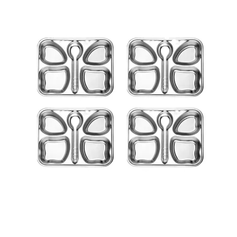 CutTales Pack Of 4 Stainless Steel Butterfly 4 Compartment Snack Dinner Plates For Kids | BPA Free, NonToxic And Dishwasher Safe Plate