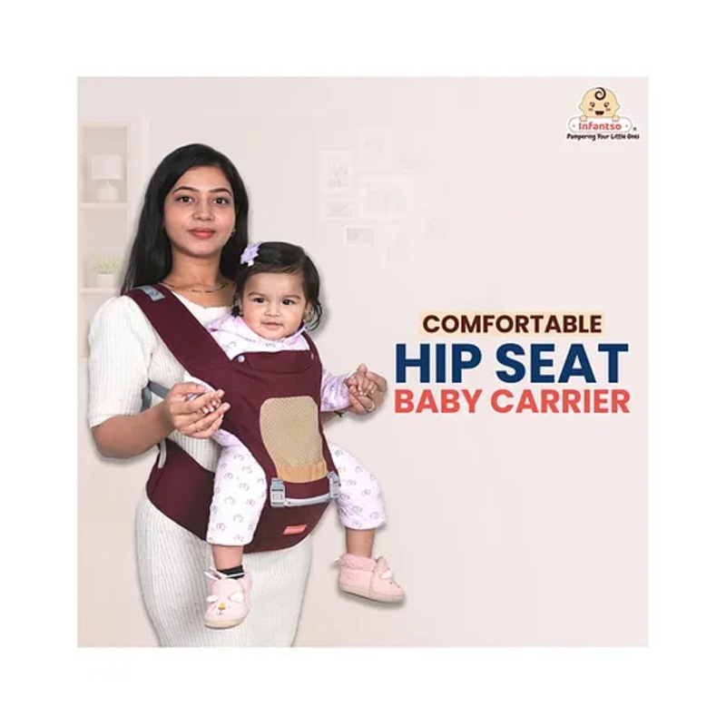 INFANTSO 4-in-1 Adjustable Hip SEAT Baby Carrier Soft & Comfortable with Safety Belt, Multi-Utility Pockets and Wide Cushioned Straps – WINE RED
