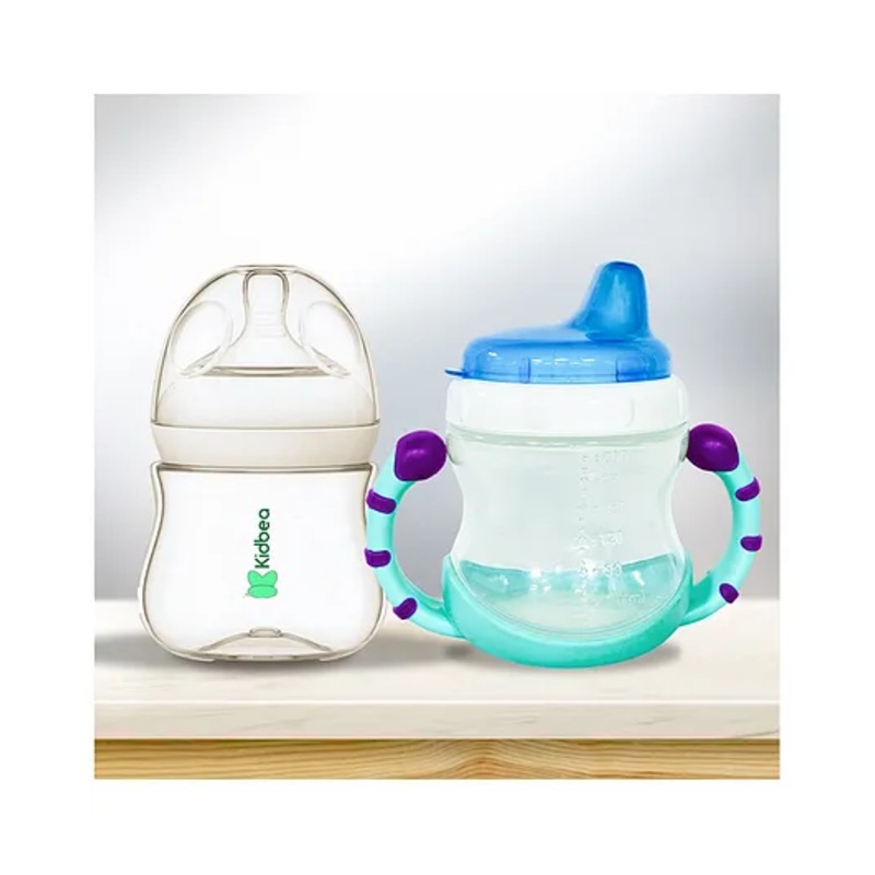 Kidbea Natural Baby Feeding Bottle, BPA-Free, Soft Nipple, Anti-Colic Design, 150 ml with Baby Feeding Sipper Cup Bottle | 200ml Wide Neck – Blue