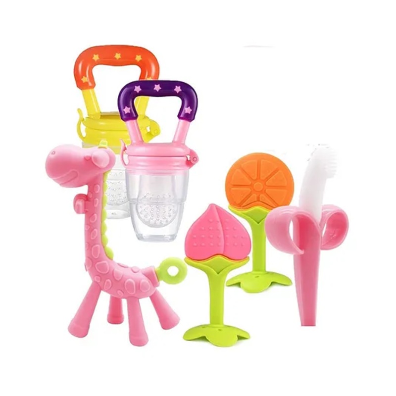 Kritiu Baby Silicone Teether Fruit Nibbler & Toothbrush Combo Pack Of 6 Non Toxic BPA Free Teething Toys – Multicolor