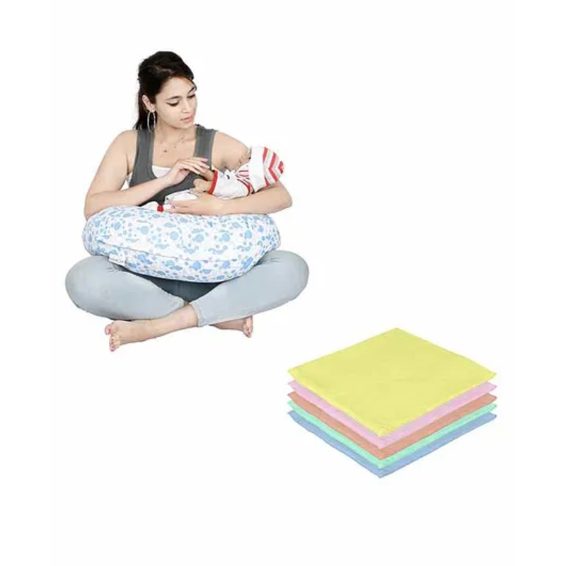 Lulamom Nursing Pillow with Cover Bubbles Print & Muslin Napkin – Blue